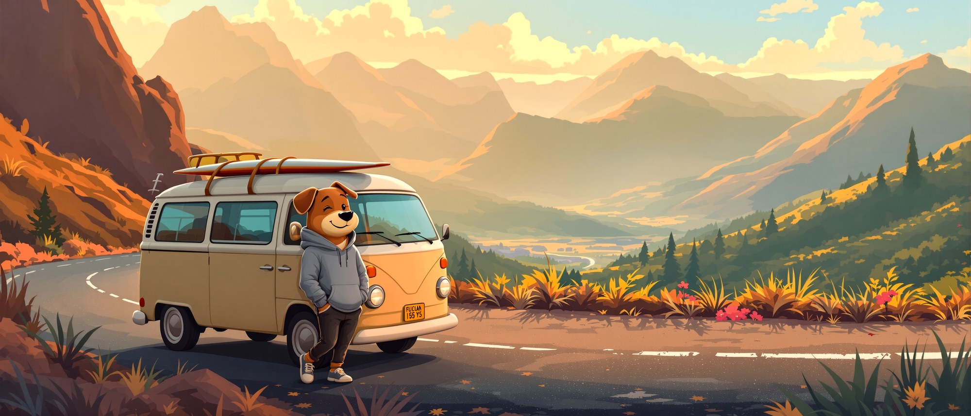 Chill guy with a kombi van on a mountain road