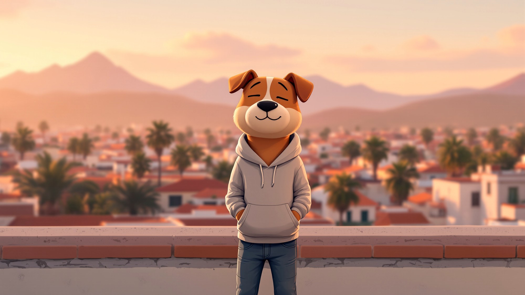 Chill guy on a rooftop with terracotta tiles and palms